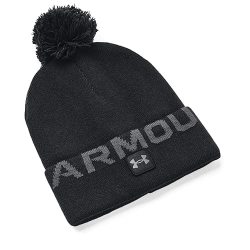 Image of Under Armour Men's Halftime Fleece Pom Beanie Hat, (001) Black/Pitch Gray/Pitch Gray, One Size
