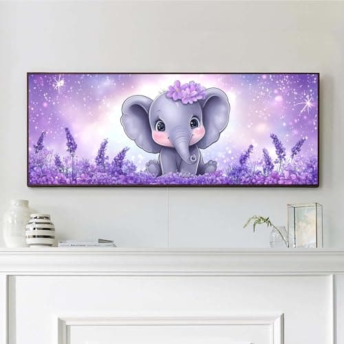 Image of VAIIEYO Elephant Large Diamond Painting Kit, Large Diamond Art for Adults Animal Purple Flower, Paint with Round Full Drill Crystal Rhinestone Diamonds Gem Art for Home Wall Decoration Gift 12X31Inch