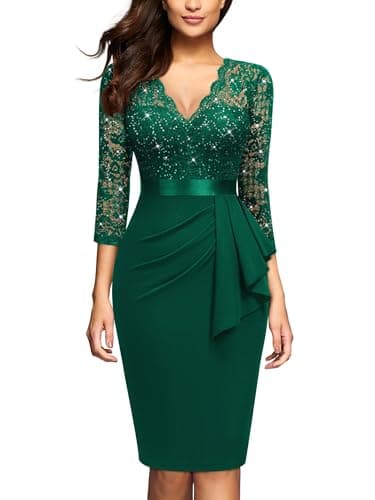 Image of MIUSOL Women's Vintage Lace V-Neck 3/4 Sleeves Cocktail Party Formal Wedding Guest Work Bodycon Dress (X-Large, Sequins Version - Dark Green)