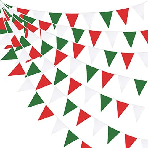 Image of 32Ft Green Red White Fabric Bunting Banner Party Decorations Triangle Flag Pennant Garland Streamer for Christmas Day X-mas Happy New Years Birthday Wedding Festivals Holiday Home Garden Hanging Decor