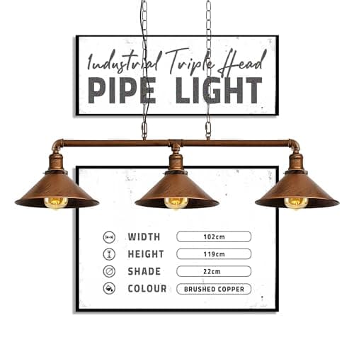 Image of DC VOLTAGE Industrial Suspended Ceiling Pendant 3 Lamp Brushed Copper Metal Water Pipe Vintage 22cm Shade with Hanging Chain Light Fitting for Kitchen Living Room Home Decor & Improvement Essential