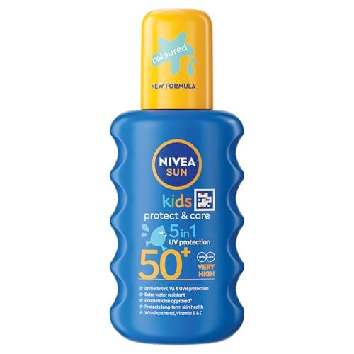 Image of NIVEA SUN Kids Protect & Care SPF 50+ Coloured Spray (200ml), Sunscreen Protects Delicate Skin Against Sunburn and Long-Term UV Damage, Fast-Absorbing No White Cast Sun Lotion