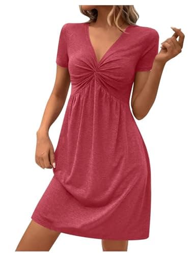 Image of EIRUKON Summer Dresses for Women UK Short Sleeve V Neck A Line Dress Elegant Midi Dresses Ladies Casual Knee Length Dress Twisted Front,Pink,XL