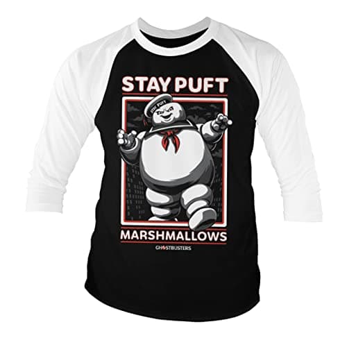 Image of Ghostbusters Officially Licensed Stay Puft Marshmallows Baseball 3/4 Sleeve T-Shirt (White-Black), Large