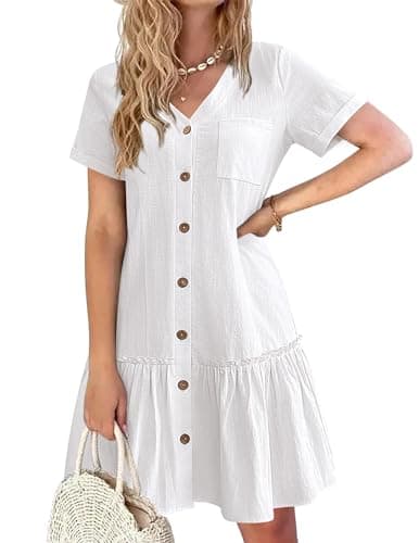 Image of HOTOUCH Linen Dresses for Women Button Down Dress Loose Summer Cotton Mini Dress Ruffle Hem Casual Short Sleeve T Shirt Dress White S