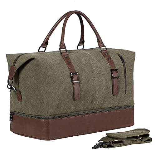 Image of Travel Bag with Shoe Pouch,Weekender Overnight Bag Canvas PU Leather Large Carry On Bag Travel Tote Duffel Bag for Men or Women,Green