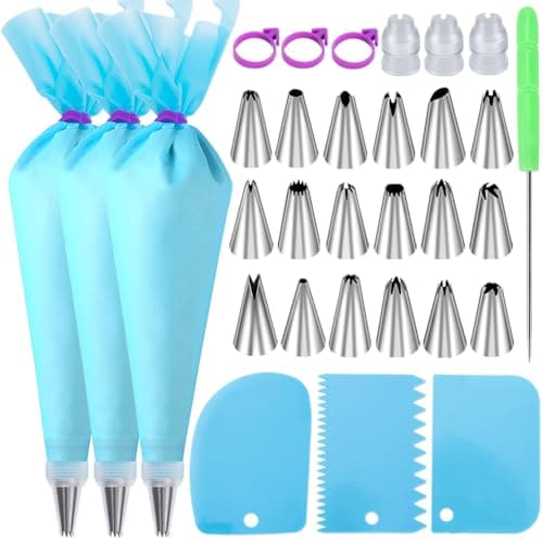 Image of Piping Bags and Nozzles Set, Cakes Decorating Kit Supplies with 3 Reusable Pastry Bags, 18 Frosting Tips, 3 Couplers, 3 Bag Ties, 3 Cake Scraper, 1 Cake Decorating Tools for Cookie Icing