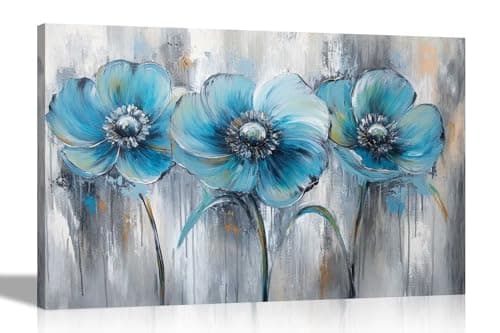 Image of Artley Prints - Abstract Sky Blue Flowers Grey Rustic Canvas Wall Prints Living Room Floral Artwork Bedroom Office Hallway Art Pictures 76 x 50cm (30 x 20 inches)