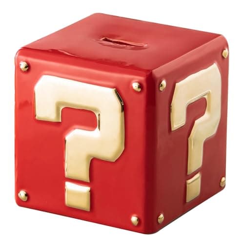 Image of Yundu Ceramic Piggy Bank for Adults & Kids - Square Money Box for Cash Saving, Coin Bank with Golden Question Mark Design for Boys & Girls (Red Color)