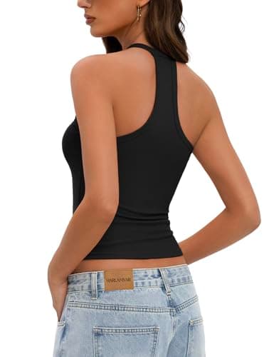 Image of Harlamvar Women Racer Back Summer Vest Tops Crop Workout Ribbed Vests Sleeveless V Neck Casual Tank Tops Going Out Black