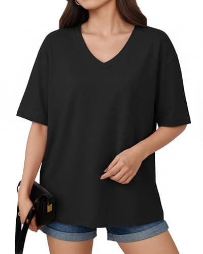 Image of ALGALAROUND T-Shirts for Women Oversize V-Neck Short Sleeve Oversized T-Shirts Loose Fit Summer Basic Casual Womens Tops for Ladies Going Out Black 3XL