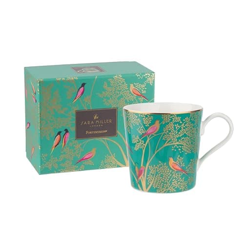 Image of Portmeirion x Sara Miller London Green Coffee Mug with Gift Box - Chelsea Collection, Elegant Fine China Mug with Gold Detailing, A Timeless Blend of Style and Quality, 344ml