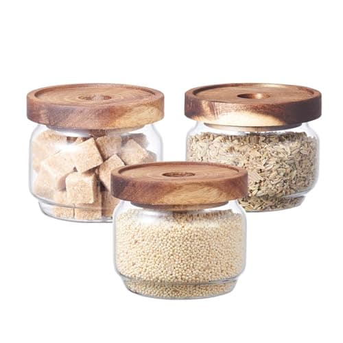 Image of Eden & Willow Airtight Borosilicate Glass Kitchen Storage Jars with Acacia Wooden Lids, Food-Safe Pantry Organiser, Suitable for Home and Kitchen Use (Set of 3, 270ml)