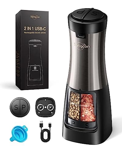 Image of Sangcon 2 in 1 Electric Salt and Pepper Grinder Set Rechargeable Shakers USB-C, Automatic Salt and Pepper Grinder Mill Set Dual in One, Refillable Adjustable Coarseness Ceramic Grinder with Light