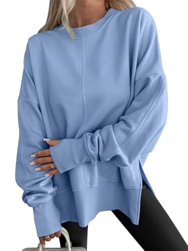 Image of Oversized Sweatshirt for Women Side Slit Fleece Pullover, Women's Comfy Loose Trendy Crewneck Sweatshirts, Long Sleeve Thumb Hole Hoodies Sweater Tunic Tops (Sky Blue,S)