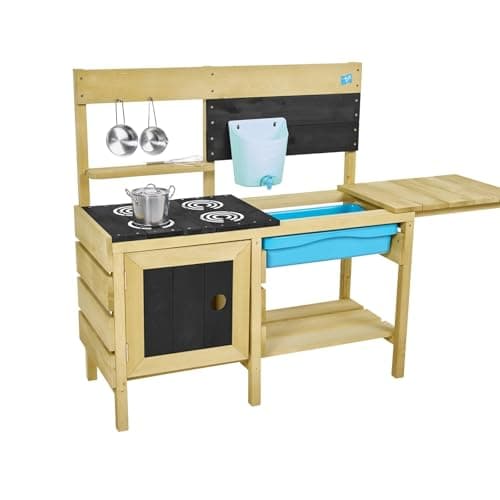 Image of TP Toys, Deluxe Wooden Mud Kitchen, Kids Outdoor Kitchen Playset with Water Pan, Garden Sink and Kitchen Accessories, Garden and Sensory Pretend Play, For Ages 3+