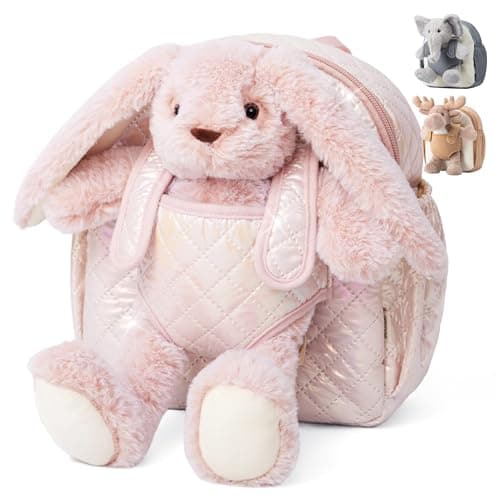 Image of Moonkie Hug & Go Toddler Backpack, Bunny Kids Bag with Detachable Toy, Soft Plush Children's Backpacks, School Bags with Adjustable Straps, Baby Toys Perfect for 1 2 3 Year Old Girl Gifts