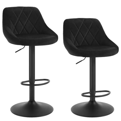 Image of WOLTU Bar Stools Set of 2 Breakfast Bar Chairs Swivel Dining Stools, Height Adjustable Kitchen Island Barstools, Black Velvet Upholstery, Metal Footrest & Base