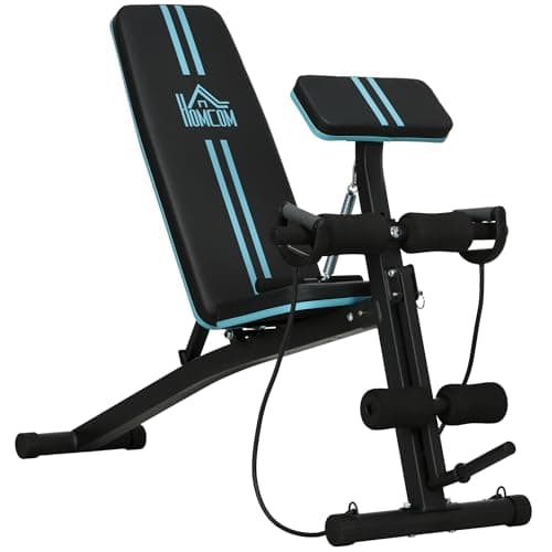 Image of HOMCOM Foldable Weight Bench, Strength Training Sit Up Bench, Incline Decline Bench with 7-Level Backrest, Leg Extension Machine, Preacher Pad and Resistance Band for Home Gym Workout, Blue