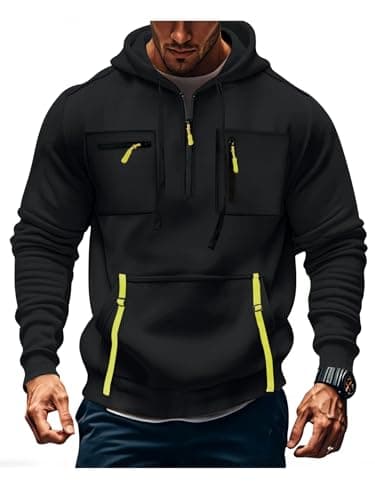 Image of MakingDa Mens 1/4 Zip Hoodies Long Sleeve Pullover Zipped Chest Pocket Cuffed Shirts Hoody Fleece Slim Fit Casual Daily Hooded Sweatshirts Black M