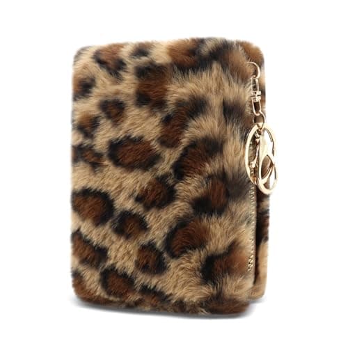 Image of AfitLulu Small Purses for Women and Girl Plush Ladies Purse Ladies Wallet with Leopard Print, Portable Womens Wallet with Keyring and Zipper Coin Pocket (Brown)