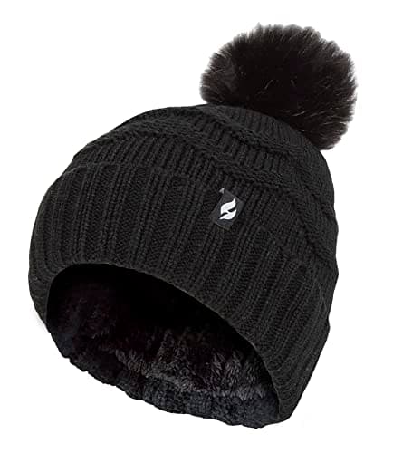 Image of HEAT HOLDERS Ladies Winter Fur Beanie Hat Zigzag Patterned Pom Pom Hat | Womens Thermal Cuff Bobble Hat (One Size, Black)