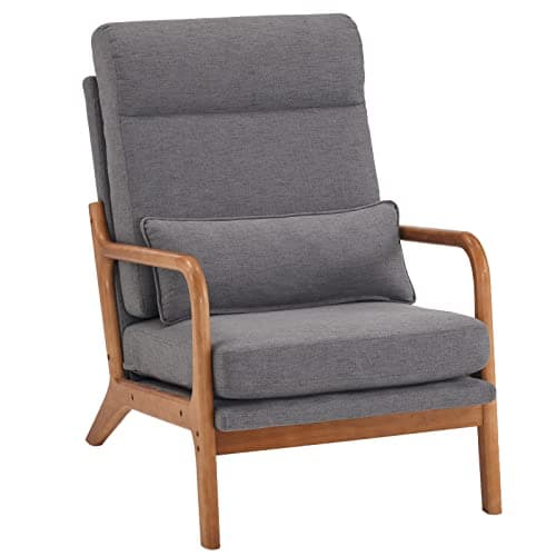 Image of Karl home Accent Chair, Mid-Century Modern Armchiar Lounge Reading Chair with Pillow High Back Line Fabric Upholstered Solid Wood Frame & Soft Cushion for Living Room, Bedroom, Balcony, Grey