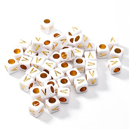 Image of Ludthaw 100PCS Letter Beads White Cube Acrylic Alphabet Beads Gold Square Letter V Beads for Jewelry Making Bracelets Necklaces Key Chains DIY 6X6mm