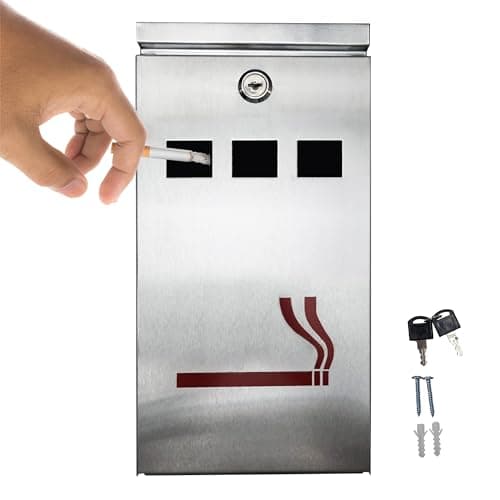 Image of FURNISHED Outdoor Ashtray with Lid Waterproof - Large Ash Tray for Cigarette Cigar Weather Proof Wall Mounted Outside Ashtray with Lid or Bin Galvanized Steel Metal Lockable Smoking Bin, Silver