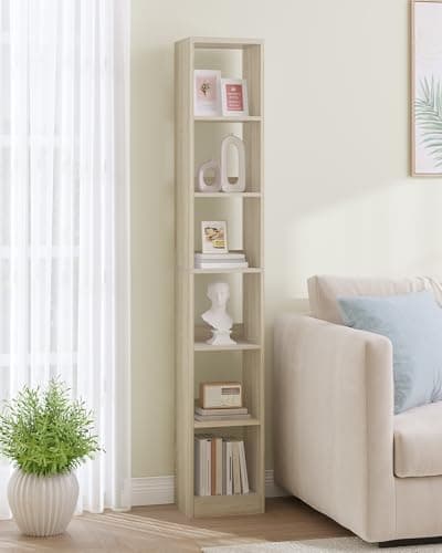 Image of Hzuaneri Bookcase, Tall Narrow Bookshelf, White Wooden Bookcase with Open Storage Shelf, for Living Room, Home Office, Bedroom, 6-Tier, Oak Beige, BC09616X