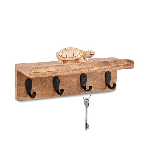 Image of Indus Lifespace Acacia Wood Rustic Key Holder for Wall, Farmhouse Wall Shelf with 4 Hooks for Entryway Farmhouse Kitchen (25.4cm x 8.89cm x 8.89cm)