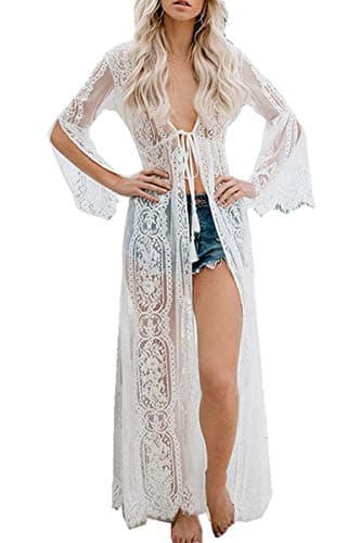 Image of L-Peach Women's Long Lace Beach Dress Maxi Cover ups A White