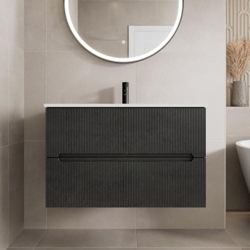 Image of Vitusso® 800mm Bathroom Cloakroom Vanity Unit Basin Sink Wall Hung Storage Furniture 1 Tap Hole White Basin Soft Close, Black