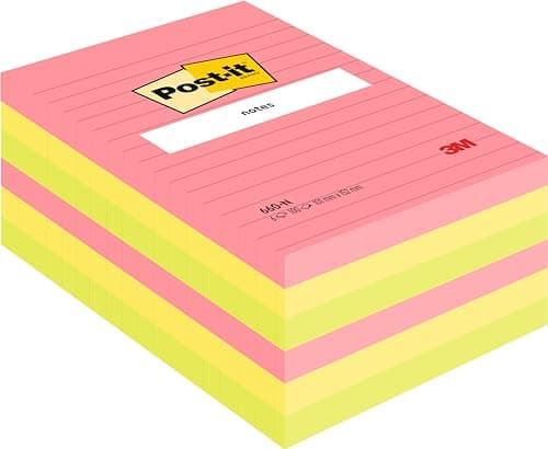 Image of Post-it Large Notes, Assorted Neon Colours, Lined, 101 mm x 152 mm, 100 Sheets/Pad, 6 Pads - Self-Stick Notes for Note Taking, to Do Lists & Reminders