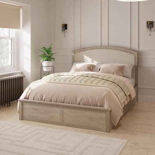 Image of GFW Madrid Wooden Natural Ottoman Double Bed Frame with Fabric Headboard, Under Mattress Support Board And Underbed Storage 4.6ft Double Bed Dimensions: 201 (L) x 150(W) x 114cm (H)