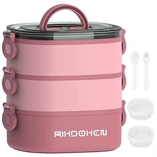 Image of Lunch Box, Stackable 3 Layers Containers, Portable 98OZ Large Capacity Leakproof Bento Box with Spoon & Fork & Sauce Boxes, Microwave Safe Lunch Box for Kids and Adults Pink