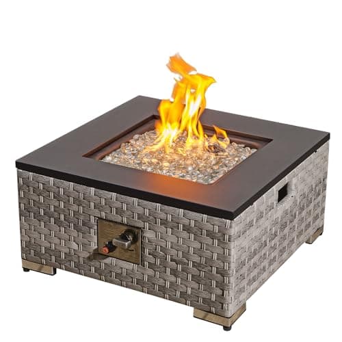 Image of Aweather Outdoor Rattan Gas Fire Pit Table, 12KW Square Propane Gas Fire Pit Table with Lid & Glass Beads, CSA Certification for Garden, Patio, Deck, Poolside