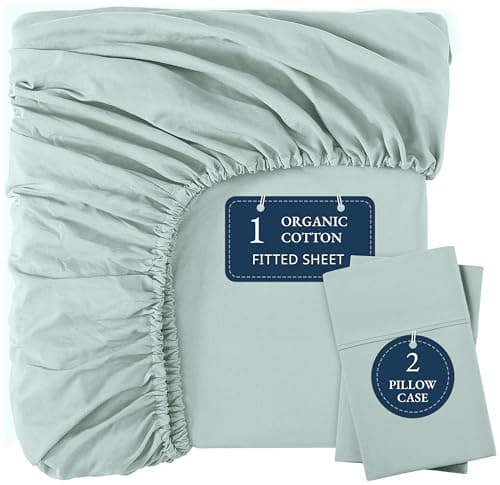 Image of LANE LINEN Fitted Sheet Double – 100% Organic Cotton, Soft & Breathable Bottom Sheet with 2 Pillowcases, 35 cm Deep Pocket, All-Around Elastic – Natural Bed Sheet Set - Cool Blue