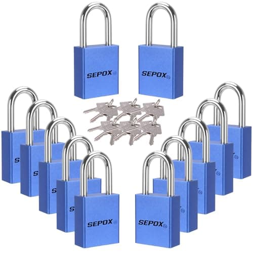 Image of SEPOX Weatherproof Solid Aluminum Keyed Alike Padlock Industrial-Grade Blue 12Pc Padlocks for Security Waterproof, Corrosion Resistant Safety for Lock-Out, Garden, Locker-Lock, Sheds, Cabinets, Doors