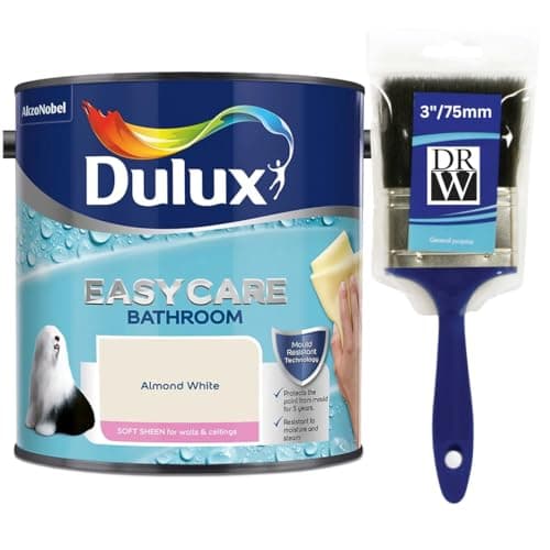 Image of Almond White Dulux Easycare Bathroom Soft Sheen Paint 2.5L + 3" Emulsion Paint Brush– Moisture & Steam Resistant, Mould Protection, Washable Durable Finish for Bathroom Walls & Ceilings