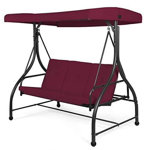 Image of COSTWAY 3 Seater Garden Swing Chair, Convertible Outdoor Hammock Bench Chair with Adjustable Canopy and Cushions, Steel Frame Porch Patio Swing Seat Lounger for Balcony, Deck and Poolside (Wine Red)