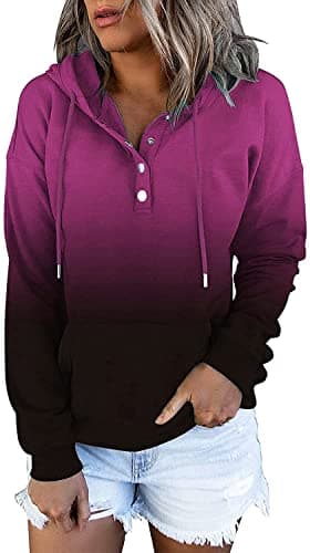 Image of KISSMODA Women’s Comfortable Drawstring Casual Button Up Hoodies Long Sleeve Pullover Tops Loose Lightweight Sweatshirt with Pocket Gradient Rose Small