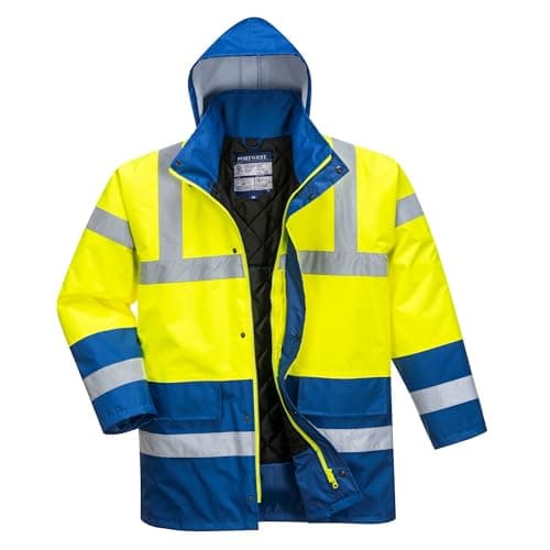 Image of Portwest S466 Hi-Vis Contrast Winter Traffic Jacket Mens Waterproof Reflective Safety Workwear Cold Weather Protection 300D Industry High Visibility, Yellow/Royal, M