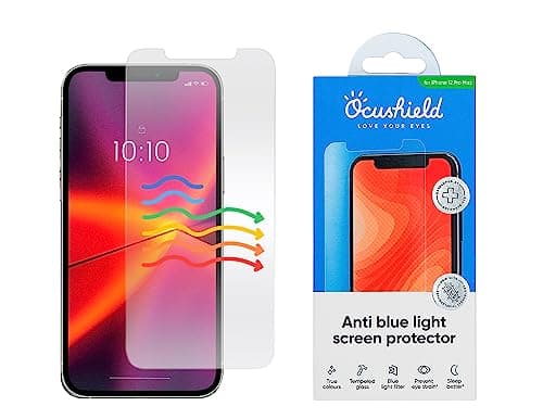 Image of Ocushield Anti Blue Light Screen Protector for iPhone 12 Pro Max (6.7") - 9H Tempered Glass Filter Blocks UV & Blue Light, Anti-Bacterial, Designed by UK Optometrists