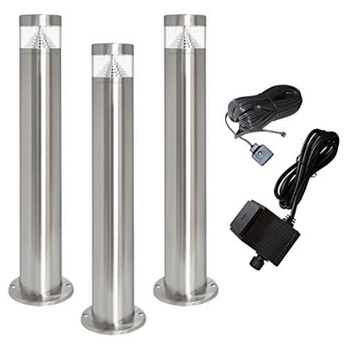 Image of 3 Plug & Go LED Bollards Modern Stainless Steel Garden Lamp Post 12v Low Voltage Warm White Light ZLC046WW3P