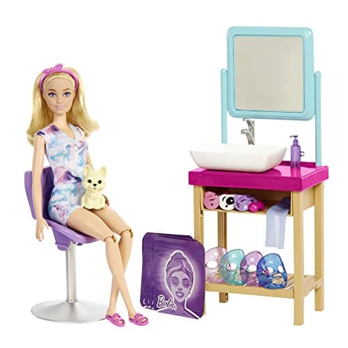 Image of Barbie Sparkle Mask Spa Day Playset, Blonde Doll, 7 Spa Masks, Sink, Mirror, Chair for a Total of 15+ Accessories, Great Gift for kids 3 to 7 Years Old, HCM82