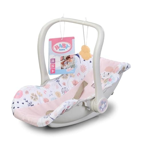 Image of BABY born Baby Car Seat with floral design, swiveling handle, and 3-point harness, suitable for 36cm and 43cm dolls