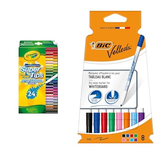 Image of CRAYOLA SuperTips Washable Markers - Assorted Colours (Pack of 24) & BIC Velleda 1721 Ecolutions, Dry Erase Whiteboard Pens ideal for School 'Velleda Ecolutions'
