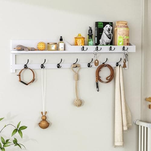 Image of AMBIRD 89cm Wall-Mounted Coat Rack, Extra Long Coat Hooks, Entryway Shelf with 7 Dual and 4 Key Hooks, Mail Organiser, Wooden Wall Coat Rack, Key Holder (White)