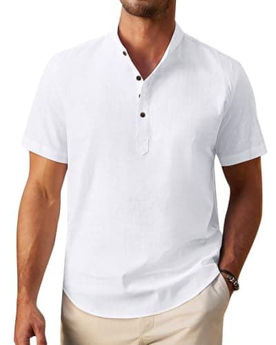 Image of siliteelon White Linen Shirts Mens Shirts Short Sleeve Henley Grandad Shirt for Men Regular Fit Casual Summer Shirt Holiday Trip Tops 2XL